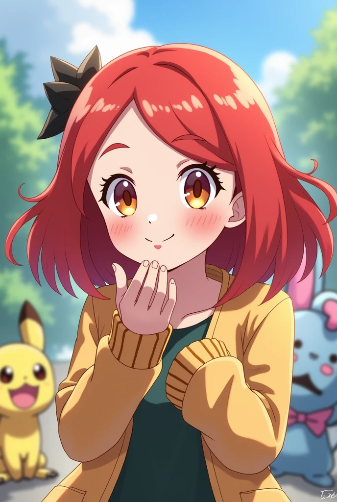 Red-haired girl from the Pokémon world blowing a kiss., anime