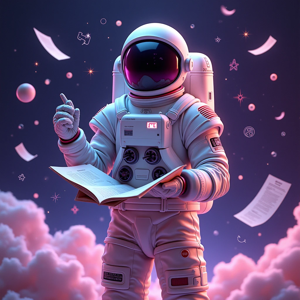 scriptwriter astronaut avatar , holding scripts equipment, surrounded by script writing doodles elements, in a purple gradient galaxy background