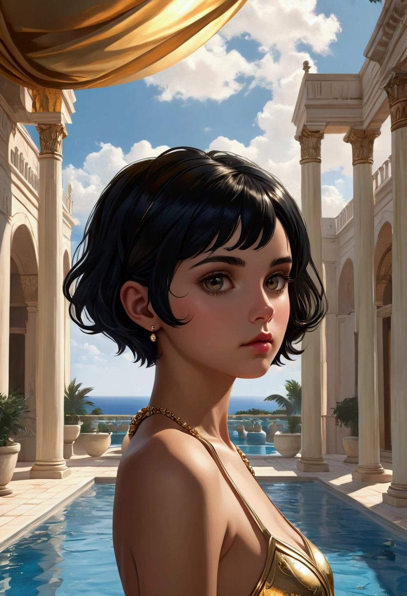 1girl, Carthage princess, (masterpiece:1.3), (8k, photorealistic, RAW photo, best quality: 1.4), (1girl), beautiful face, (realistic face), (black hair, short hair:1.3), beautiful hairstyle, realistic eyes, beautiful detailed eyes, , cute, young, slim, gold jewelry, unclothed, shiny skin, princess's chambers, canopy, sky, pool, back view, from below, low angle, full body
; naughty_face, blush,