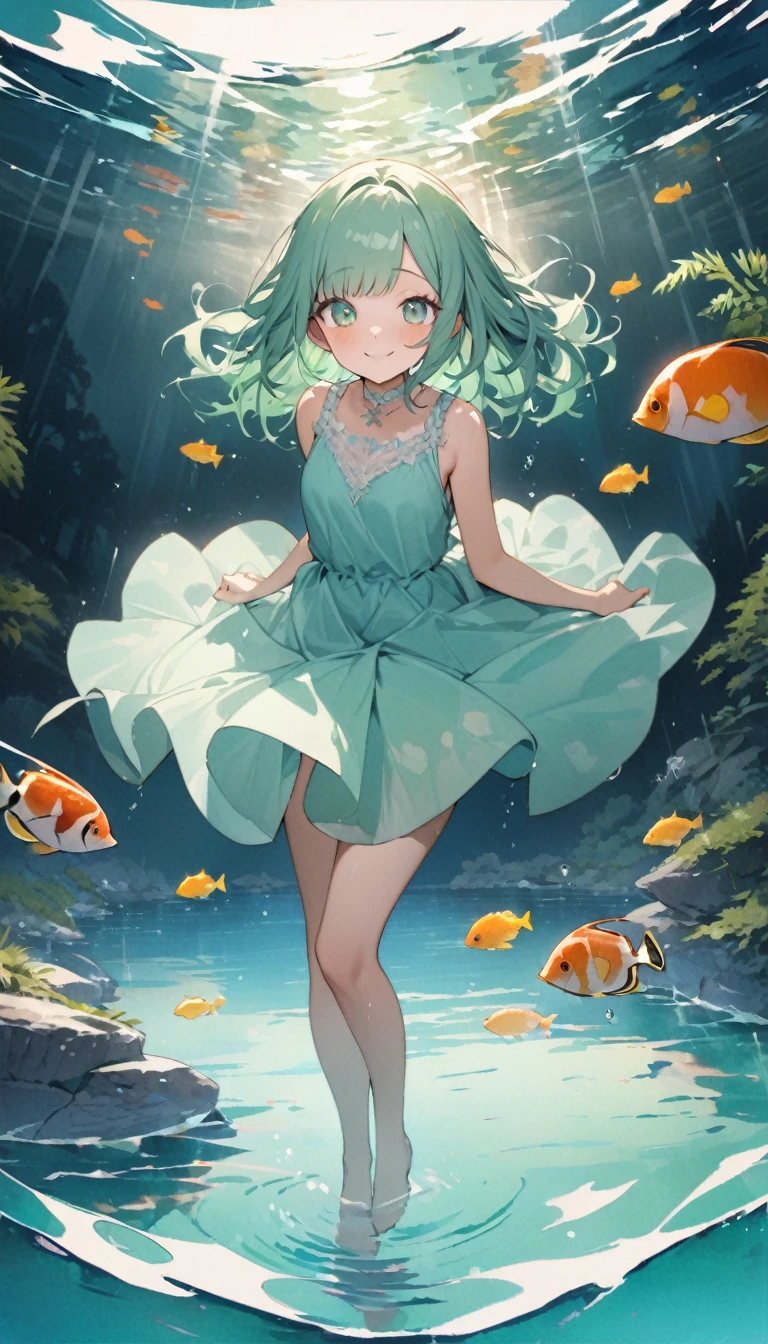 (masterpiece:1.3), (Highest quality:1.2), (shape:1.2), (Very detailed:1.2), (Pixiv:1.4), Ultra-high resolution, watercolor, A girl with dull mimosa-colored bangs and eyes, (masterpiece:1.3), (Highest quality:1.2), (shape:1.2), (Very detailed:1.2), (Pixiv:1.4), Ultra-high resolution, watercolor,View your audience ,Focus Eye,The Shining, Many rays, (Transparent lake:1.3), Emerald Lake, , Swimming underwater, (tropical fish:1.3) Pastel Tones, Flat Tone, Upward glance, Tilt your head, whole body, Twinkle smile, one person&#39;s, alone, 15 years old, Beautiful face and eyes in every detail, Mermaid,, Hair fluttering, (well-proportioned body:1.2), (Dynamic Angle:1.3) (Beautiful Hair:1.2), (masterpiece:1.2) , (Highest quality:1.2) , (Very detailed:1.2), There are 1000 tiny bubbles around it, Bubbles in the light,
