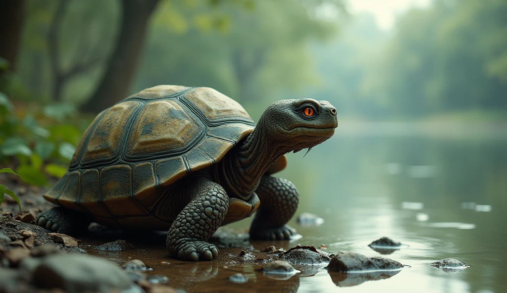 A wise old tortoise named Ramu, with a worn, textured shell, sitting by the lake, looking contemplative and sorrowful.