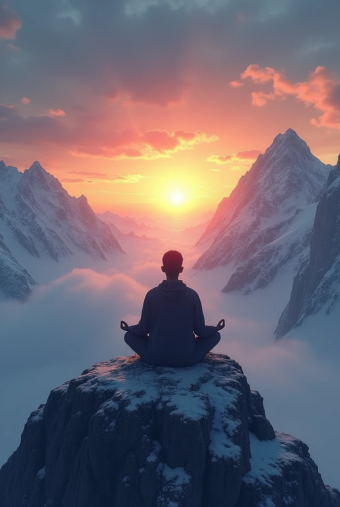 A person meditates on the top of a mountain, watching the sunrise, expressing tranquility and connection with nature.