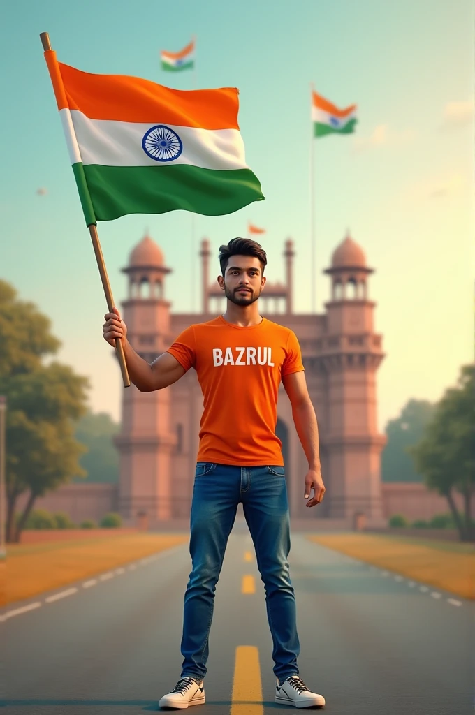 A real 30 years old MAN, Wearing Orange T shirt blue jeans sneakers and the name “BAZRUL” is written on his t-shirt and the MAN is standing on the road with holding a national flag of India, and behind him is the Red Fort Delhi. And written on sky “Independence Day” Create Realistic image high quality