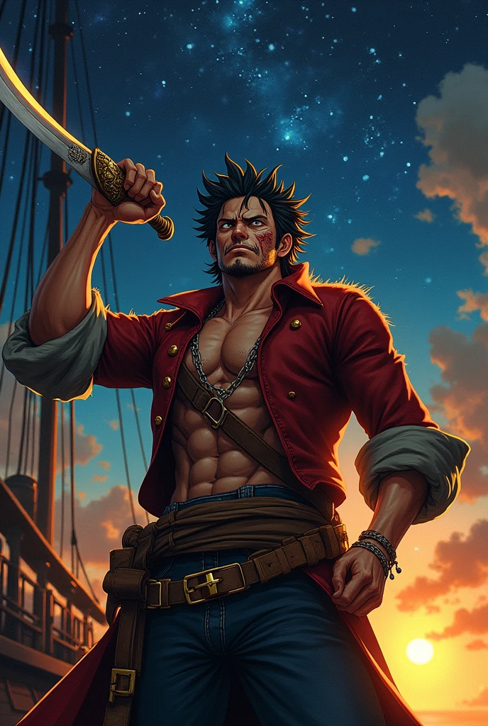 A ruggedly determined pirate with a heart of gold, Shank is a character in the popular manga and anime series, One Piece. This striking image captures him in a dynamic pose, with his scarred face illuminated by the warm glow of the setting sun. His tattered clothing and weathered sword tell a tale of hard-fought battles and unwavering resolve. The intricate details in this masterfully crafted painting bring Shank's fearless spirit to life, making him a truly unforgettable and iconic character,on the ship, with night atmosphere, bright starlight, 135mm lens
