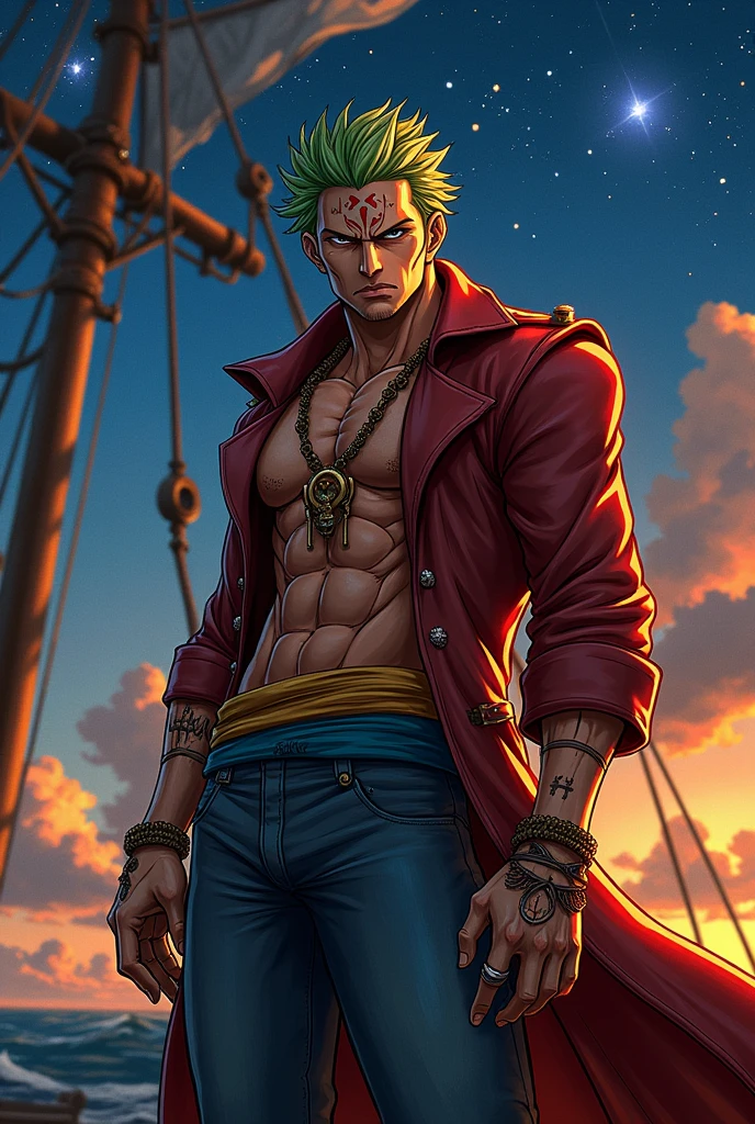A ruggedly determined pirate with a heart of gold, Shank is a character in the popular manga and anime series, One Piece. This striking image captures him in a dynamic pose, with his scarred face illuminated by the warm glow of the setting sun. His tattered clothing and weathered sword tell a tale of hard-fought battles and unwavering resolve. The intricate details in this masterfully crafted painting bring Shank's fearless spirit to life, making him a truly unforgettable and iconic character,on the ship, with night atmosphere, bright starlight, 135mm lens