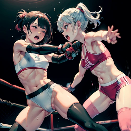 their punches are hitting to each other's cheeks. they are beating each other so hard. bloody beautiful Japanese female fighters are fighting in the octagon. life or death struggle. survival battle. dynamic exciting action in the octagon fighting ring. whole body picture. they are covered in scars and bruises. they are damaged terribry. Short-cut black hair, out of breath, drooling from mouth, one eye is closed, exhausted, drenched in sweat. Erect nipples. open finger glove. Ragged white and pink lined sports bra, high leg panty, Stockings. armwarmers. small breasts, armwarmers. Whittled waistline
