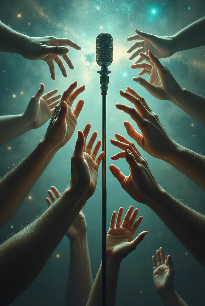microphone oh the universe, many hand want to grab the mic (only hand)