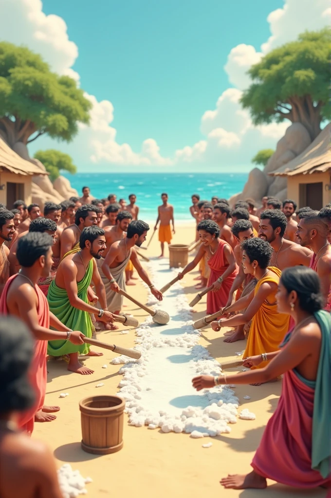 In 3d cartoon style,A depiction of Indian women and men making salt during the Salt March, defying British laws.
