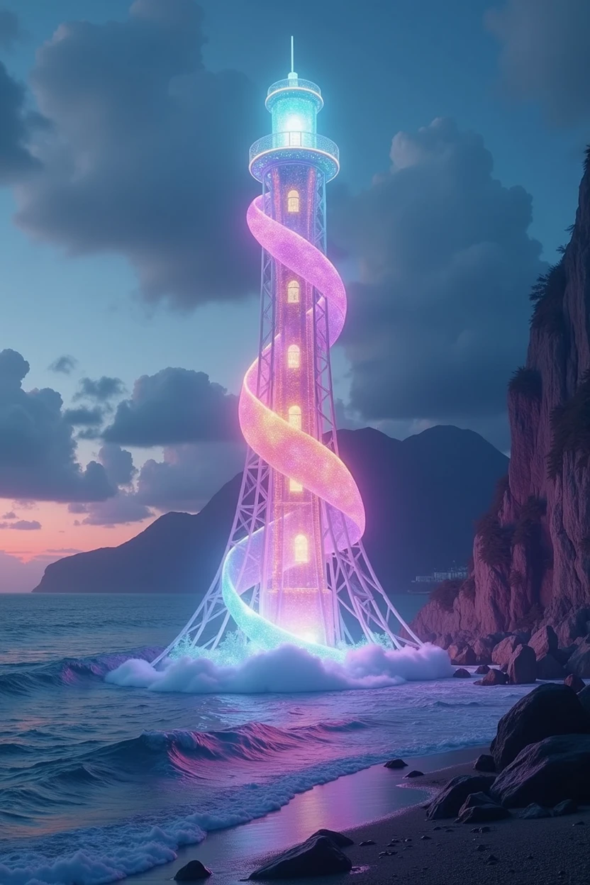 Tongxin Lighthouse is on the other side of the mountain and the sea. There is a colorful tower.,Ambilight,Like a colorful dream,The entire tower is translucent。The shapes are all curves.