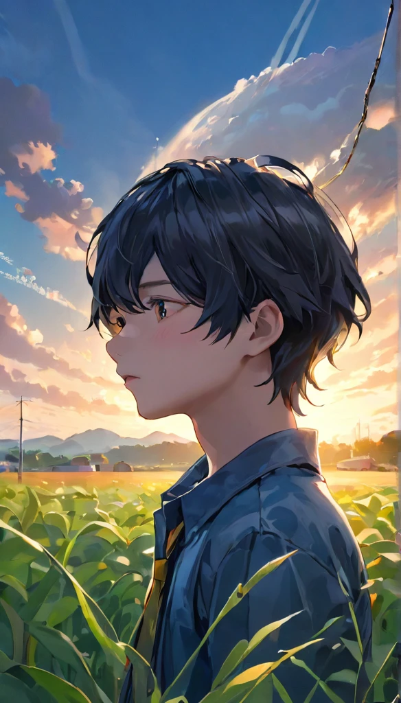 UHigh resolution, retina, masterpiece, Accurate, Anatomically correct, Textured skin, Very detailed, Attention to detail, high quality, 最high quality, High resolution, 1080p, High resolution, 4K, 8k, 16k, Long Shot、Tabletop、solo、One Boy、pretty Boy、dusk、Look up at the sky、evening:1.5、Orange cumulonimbus clouds、Farm roads in the countryside、part々field、Full body angle、warm color