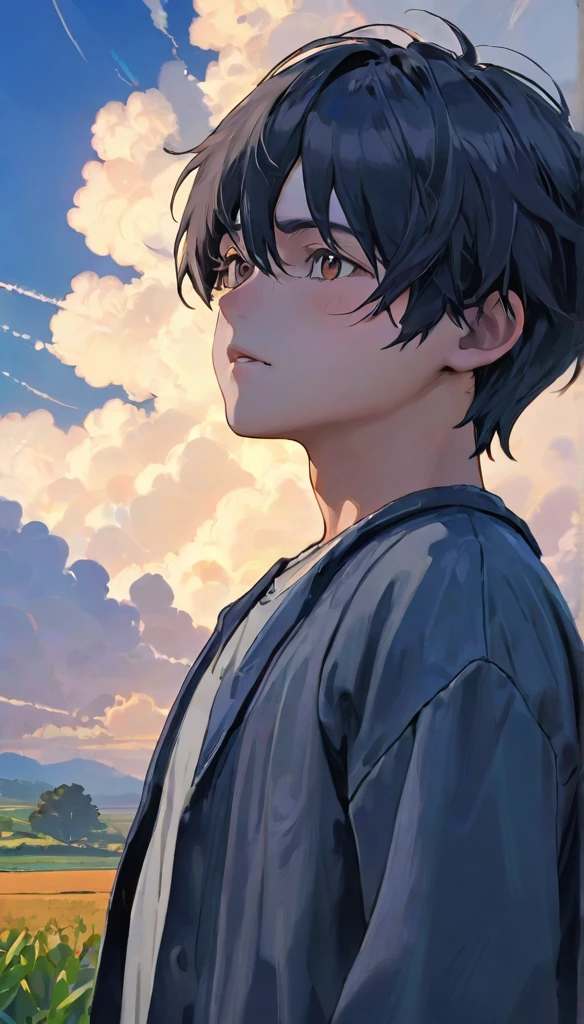 UHigh resolution, retina, masterpiece, Accurate, Anatomically correct, Textured skin, Very detailed, Attention to detail, high quality, 最high quality, High resolution, 1080p, High resolution, 4K, 8k, 16k, Long Shot、Tabletop、solo、One Boy、pretty Boy、dusk、Look up at the sky、evening:1.5、Orange cumulonimbus clouds、Farm roads in the countryside、part々field、Full body angle、warm color