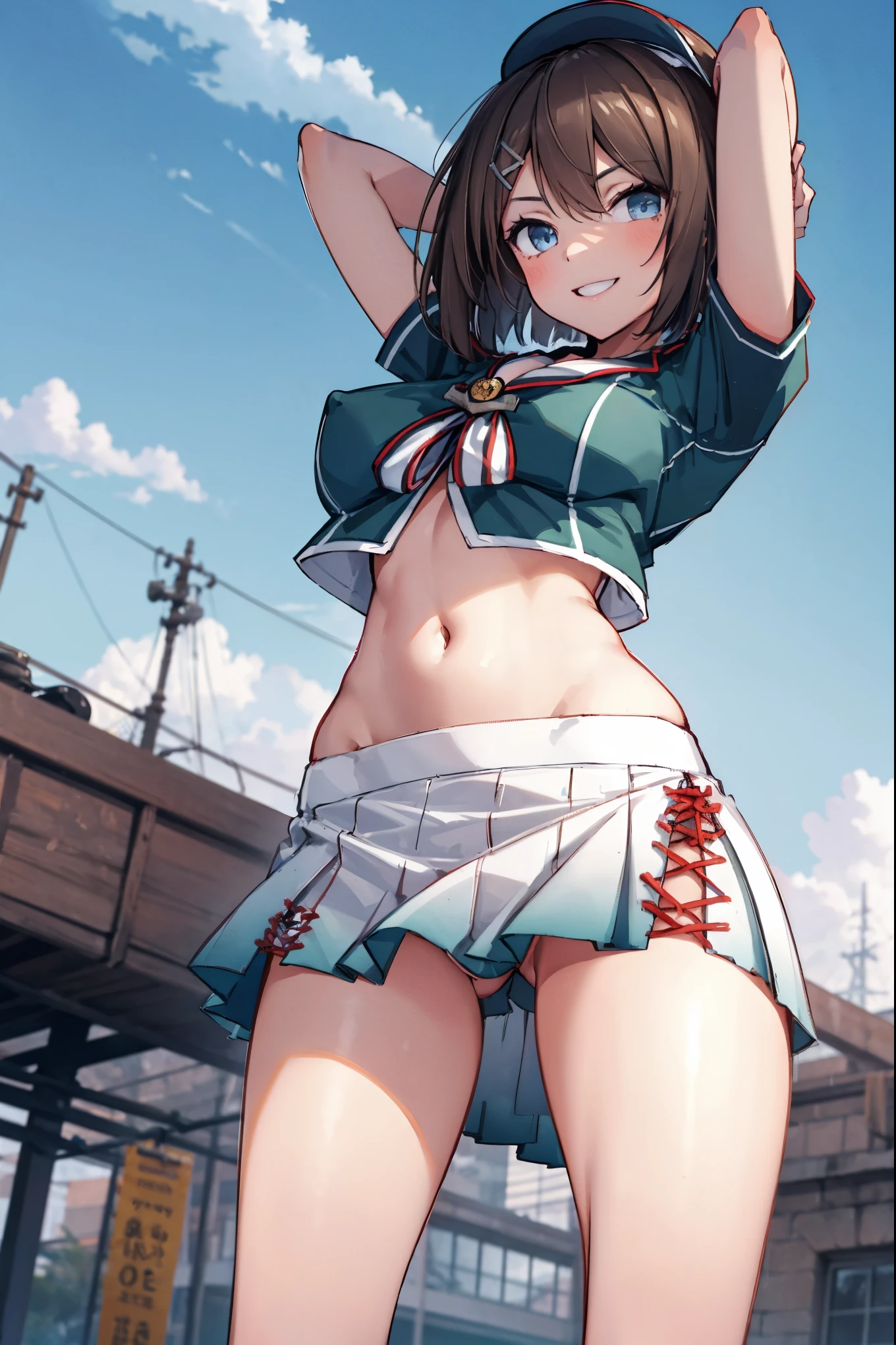 1young_teen_ girl, , brown_hair, medium_bob_hair, blue_midriff_baring_sailor_uniform, mini_skirt, short_sleeve, thighs, gigantic_breasts, (angry:0.6), smile,nihil,dynamic_posing, harbor_landscape_background, slightly_spread_Legs, happiness, short_gloves,,covered_nipples, covered_crotch,happy,