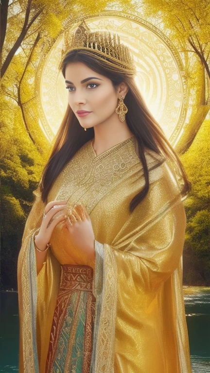 "Visualize a majestic representation of the Slavic goddess Lada, whose presence exudes grandeur and wealth. Her golden hair, as soft as strands of gold, flows in gentle waves over her shoulders. Her vibrant blue eyes radiate wisdom and benevolence.
The goddess's face is a reflection of beauty and serenity, with delicate features that enhance her divinity. Her expression is serene, conveying a calming and welcoming presence. Adornments crafted in gold grace her forehead, emphasizing her divine status and symbolizing the prosperity she brings.
A luxurious cloak, woven with intricate patterns and golden embellishments, gracefully envelops her body. In her hands, she holds symbols of fertility and abundance, reflecting her role as the goddess of harmony and prosperity.
A soft halo of golden light surrounds her, symbolizing her connection with the divine. In the background, elements representing fertile nature, such as blooming fields and tranquil rivers, accentuate her influence over the earth.
This image seeks to capture the essence of the goddess Lada, showcasing her beauty, power, and the wealth she bestows upon those who revere her."