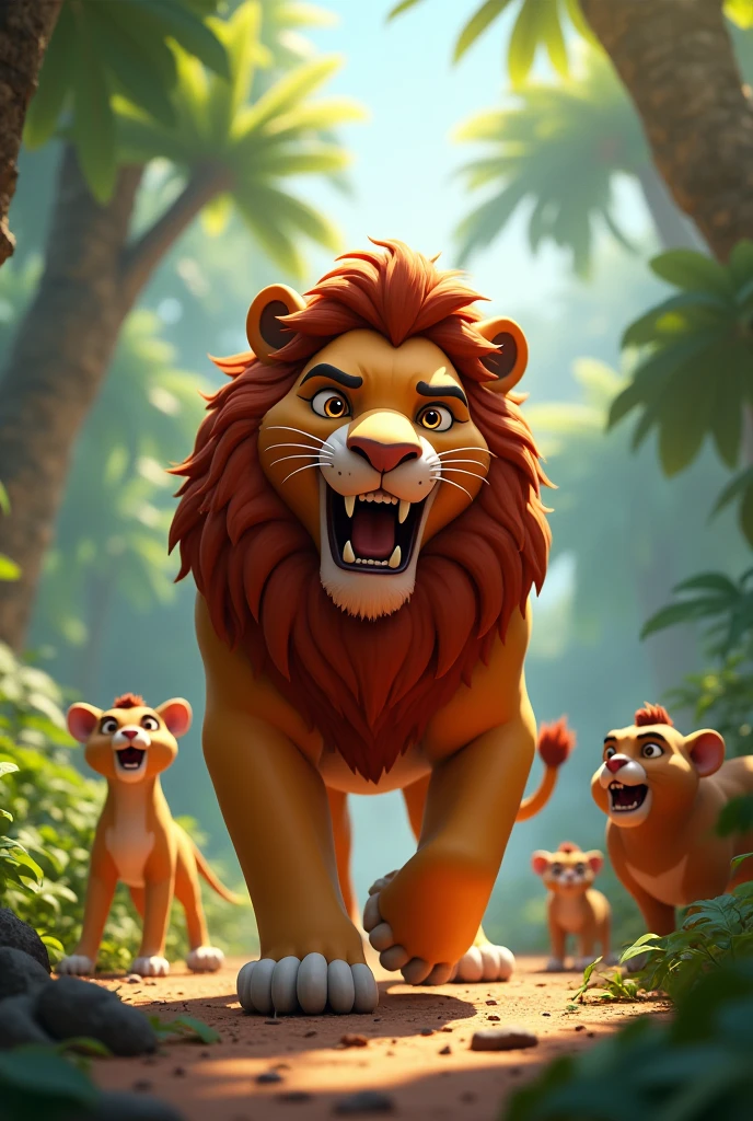 in 3d animation style " Hungry Lion's Arrival**: A menacing lion with a hungry expression enters the jungle, eyeing the four animals who stand cautiously nearby, sensing danger.