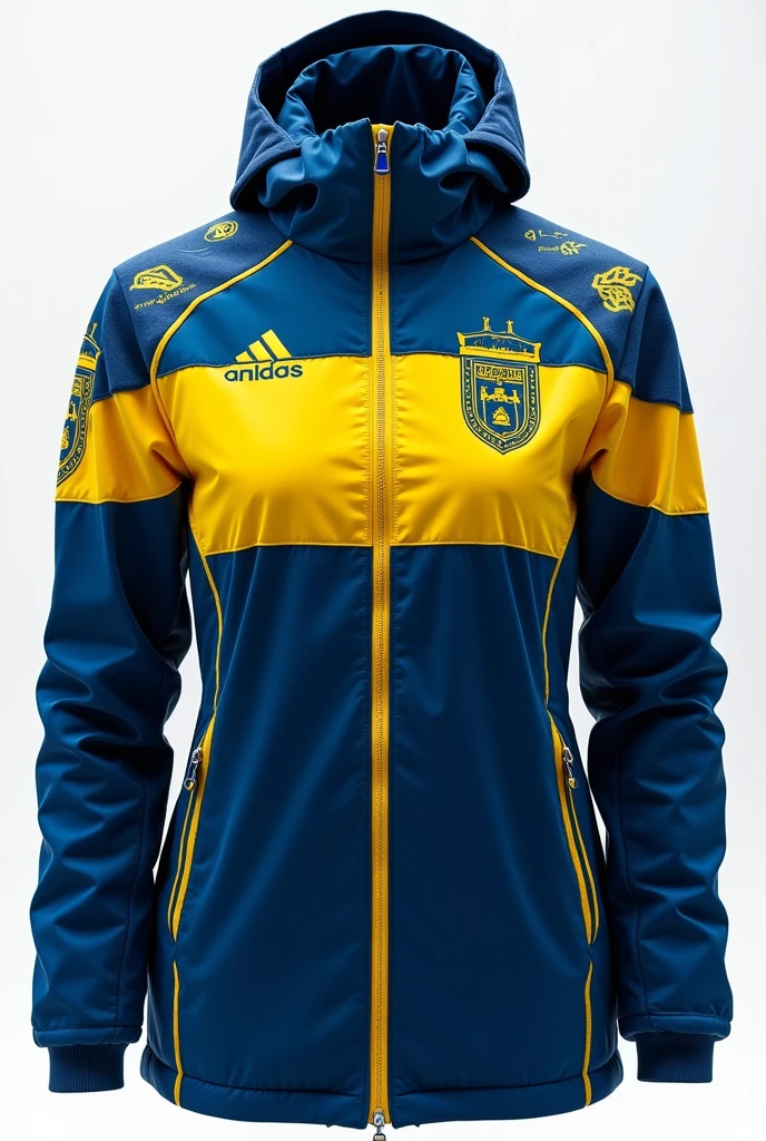 make a nordic themed sweden team jacket with blue and yellow details, front and back