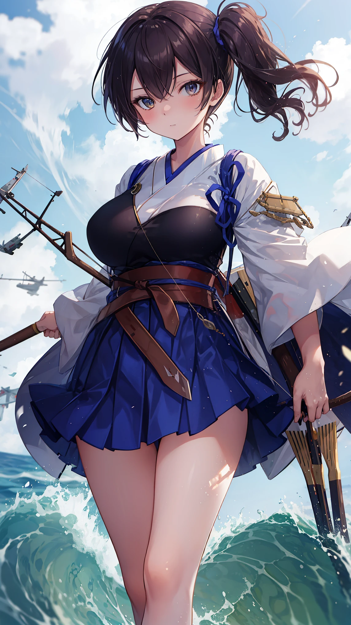 Kaga(Fleet Collection),highest quality, masterpiece, High resolution,kimono,blue skirt,side ponytail,big_breasts,solo,Japanese_bow&arrow,dynamic_posing,half_eyes,solo,plump,sea_landscape_background,waves