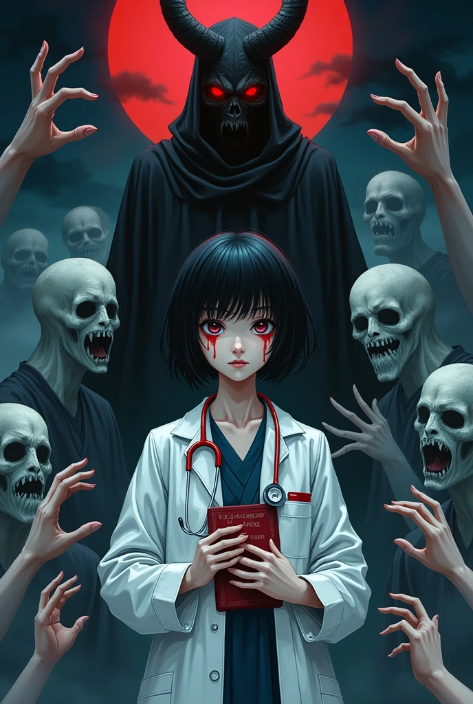 Canvas illustration, HD, high contrast, gothic background with creepy hands touching a young girl wearing a white doctor's coat. The girl has short black hair, shedding tears. Holding stethoscope in her neck. Both hands holding a justice board. The girl is wearing spectacles and her tears are red in colour which is drenching her white coat. The background also has faces of several men with ghostly faces watching her and touching her with their hands. The sky is dark blue to black in colour where lucifer wearing black clothes is watching those men. The other side their is an angel with white clothes watching the girl and crying. Photorealism:1.2