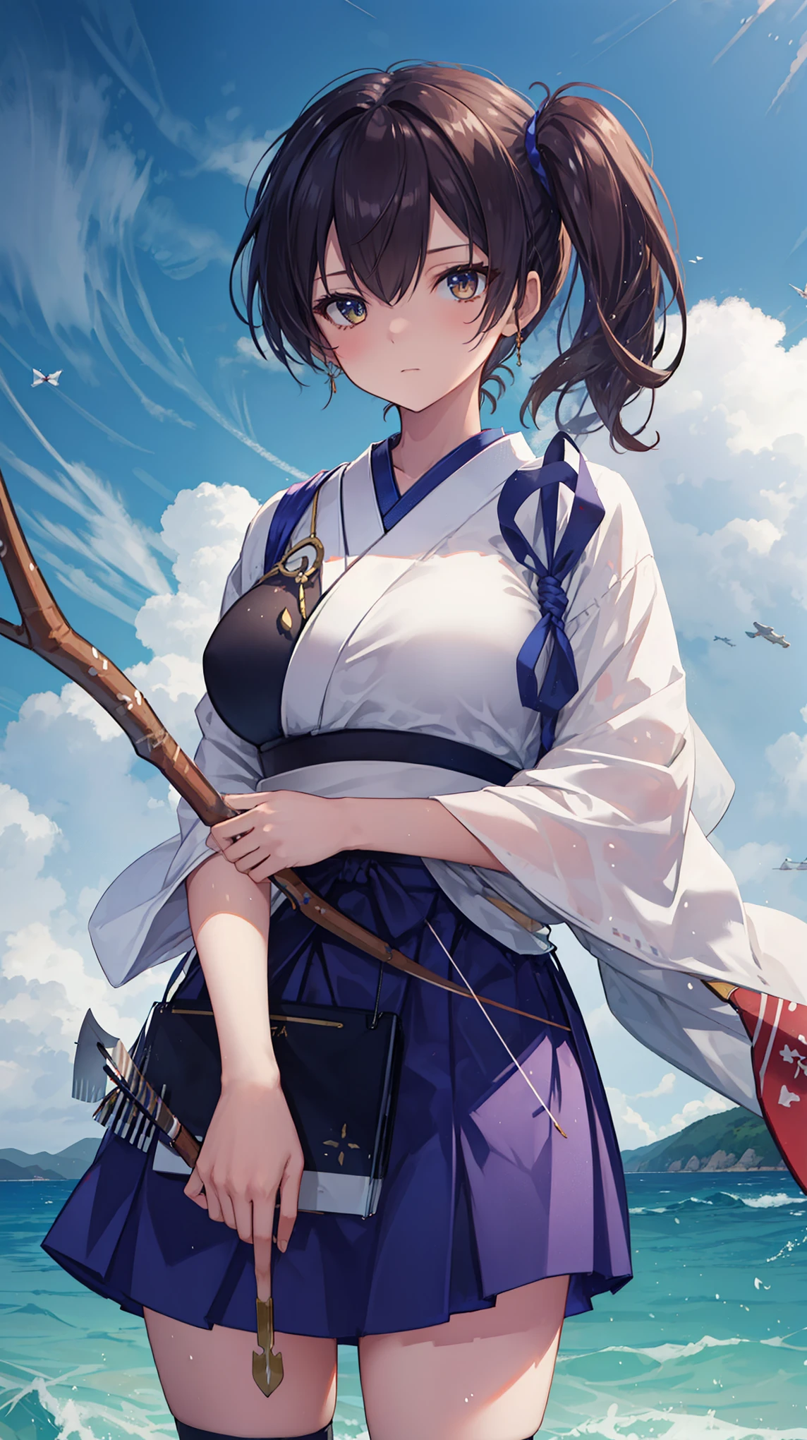Kaga(Fleet Collection),highest quality, masterpiece, High resolution,kimono,blue skirt,side ponytail,big_breasts,solo,Japanese_bow&arrow,dynamic_posing,half_eyes,solo,plump,sea_landscape_background,waves