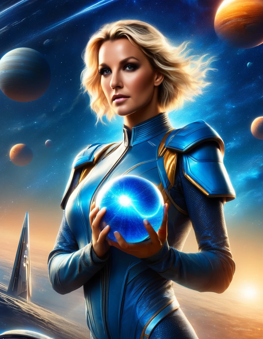 blonde britney spears in a blue sci-fi costume, holding a futuristic energy orb, standing in a high-tech spaceship overlooking the stars. best qualityer, realisitic, realisitic, award-winning illustration, (Highly detailed texture of face and skin), (fully body), (Complicated Detail: 1.2), (fine-details), (Complicated Detail), (Cinematic Lights, luz de fundo de best qualityer), Sharp lines, sharp focus, offcial art, unity wallpaper 8k , absurdrez, unbelievably absurd, huge filesize, mostrando o fully body- , Fantasyart, RTX,((Closing photo of the award-winning studio)), , (Shut your mouth), , perfect hands, Attractive detailed eyes, face perfect