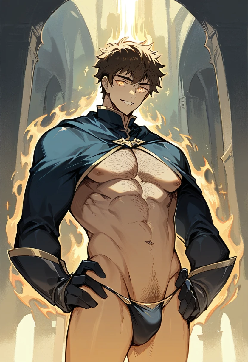 A tall, muscular male renaissance knight with long, messy, curly golden brown hair. He has hazel eyes and he is smiling. He is wearing tight, skimpy silver armor with a indigo cape, indigo thong, and indigo gloves. He has a bulge, he has big nipples, and he has a hairy chest. He has hairy legs. He has a hairy stomach. He has hairy arms. His hands are on his hips. He is standing in front of a beautiful medieval castle. surreal atmosphere, contrasting dark shadows, mesmerizing glow, detailed facial features, flowing lava tendrils, fiery eyes