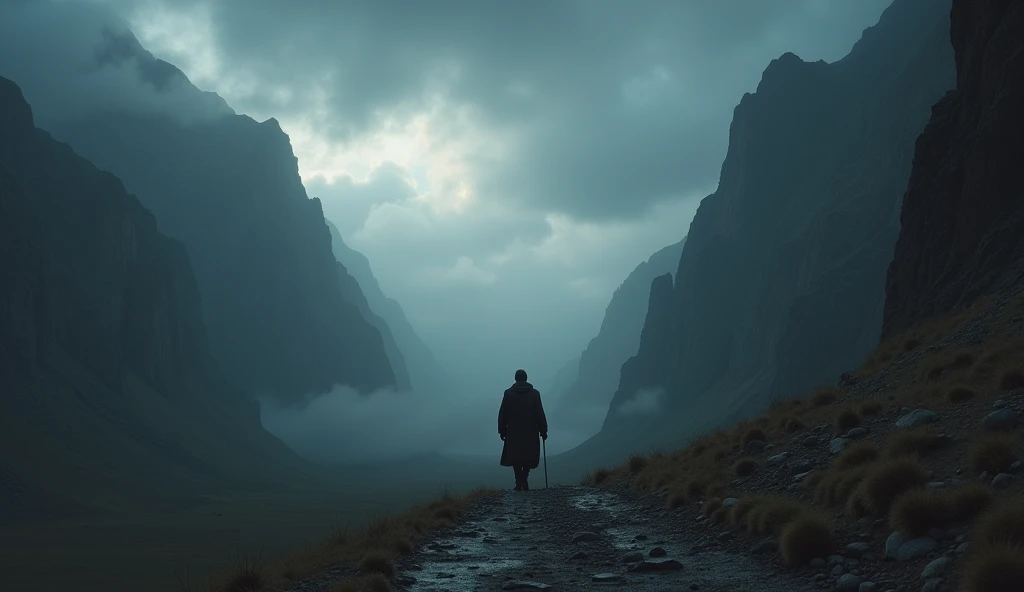 **Scenario:** A vast and desolate mountain landscape at dusk, where deep shadows stretch over a gloomy valley. Heavy clouds cover the sky, creating an atmosphere of tension and expectation.
**Description of the scene:** The camera slowly zooms in on a lone traveler, that advances along a narrow and rocky path, surrounded by towering cliffs. The expression on his face is a mix of determination and vulnerability.. Though the darkness of the valley seems threatening, he maintains a proud posture, visibly confident.
**Action:** As he walks, flashes of difficult moments arise: faces of loved ones, memories of losses and challenges faced. however, Ao fundo, the figure of a shepherd, serene and protective, appears ethereally, symbolizing the divine presence. He holds a rod and a staff, que brilham suavemente, lighting the traveler's way.
**Internal Dialogue:** The traveler's voice echoes, expressing your faith: "Even though I walk through the valley of the shadow of death, I will fear no evil. I feel your protection by my side."
**climax:** As the darkness thickens, dark creatures begin to emerge, but the shepherd's presence intensifies, and the light in his rod and staff dispels the shadows. The traveler, inspired by the courage of the shepherd, advances with more strength, facing the fears that surround you.
**Conclusion:** The scene closes with the traveler leaving the valley., where the light of dawn begins to break through the darkness. He looks back, grateful for the protection he felt, and heads towards a green field that stretches out in front of you, symbolizing hope and renewal. Soft, uplifting music begins to play, as the screen fades to black and the quote from Psalm 23 appears.
**objective:** Portraying the journey of faith and overcoming through the metaphor of the valley, showing that even in the darkest hours, hope and divine protection are present, inspiring courage