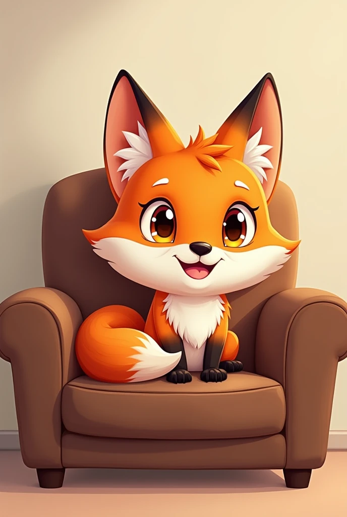 Anthropomorphic fox, cartoon style, sitting on a brown sofa