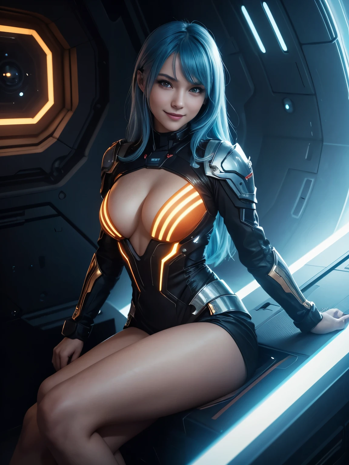 ighly detailed, 8 K, masterpiece, 1 girl, Blue_hair_tubes, dress, Bend_over , Smirk, (ideal_face) difficult, impressive lighting, 4K, detailed_background, caustic, full_body, (hyperrealistic:1.3) (beautiful lighting:1.3), caustic, dynamic lighting, beautiful lighting,Beautiful, sexy, slender girl in closed clothing, interesting pose, full body, chest forward, on the background of a spaceship, sitting, sci-fi background, angle from very low, dynamic frame, very warm colors, warm light, closed clothing, smile, radiant with joy, Smiling with teeth, Head thrown back on shoulder, head forward