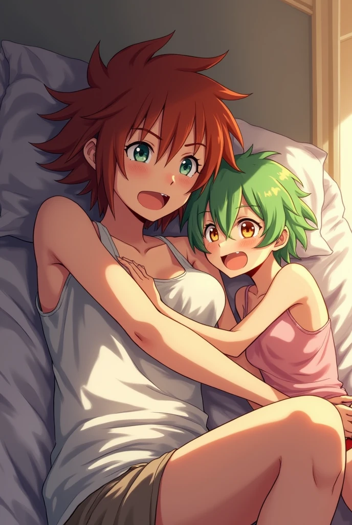 Amazing portrait of a sexy and woman wearing a black and white striped t shirt and a dark green skirt kissing and making out passionately with a shirtless boy on the bed in an intimate setting