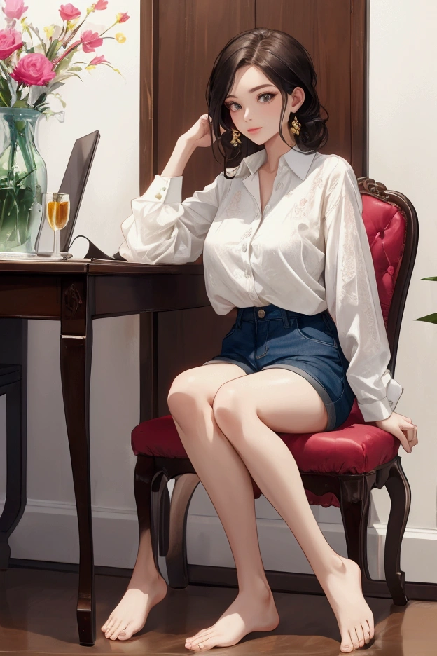 A woman in a shirt and shorts is sitting on a chair, full body pose.