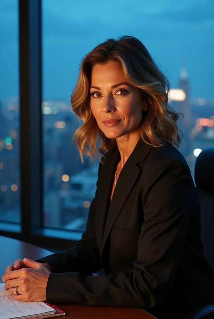 hyper realistic portrait of Sharon stone, 50 years old, brown hair with blonde highlights and amber eyes. woman, she should have a natural, approachable expression and be lit by soft, blue light, canon eos r5, raw format, night, sitting in a large corporate office, top floor view of New York City, detailed panoramic window in the background, sitting at detailed executive desk, detailed face, radiating confidence, full body