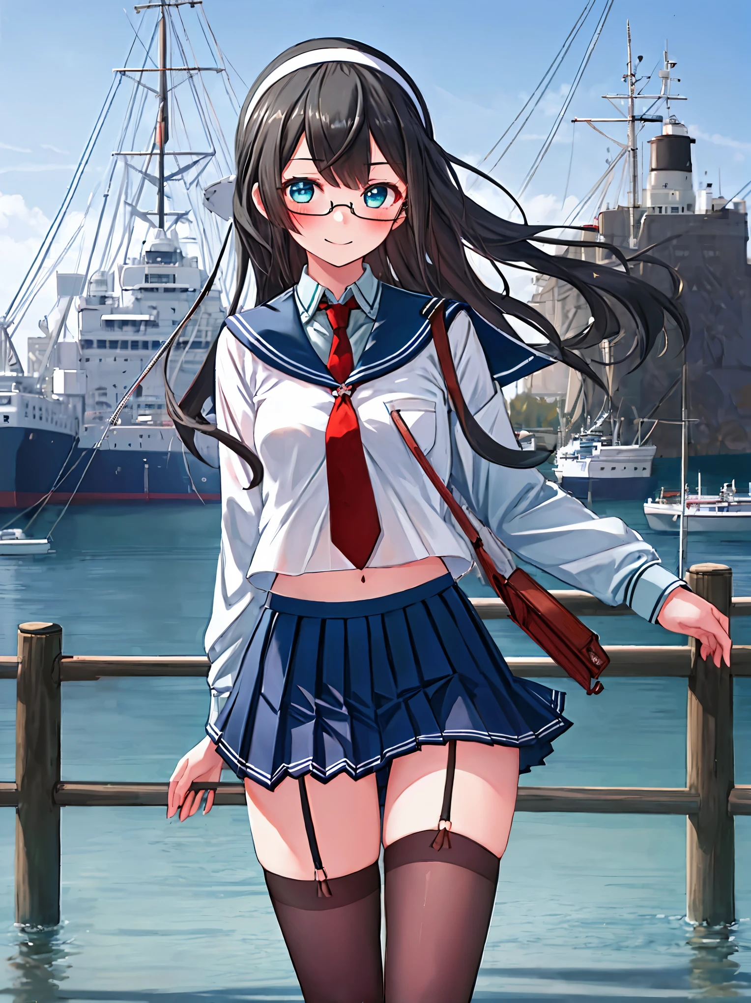best quality, masterpiece, highres, solo, {ooyodo_kantaicollection:1.15}, black_hair, long_hair, glasses, hairband, semi-rimless_eyewear, under-rim_eyewear, blue_eyes, green_eyes, blush,small_breasts, 1girl, school_uniform, serafuku, pleats_skirt, looking_at_viewer, necktie, harbor_town_background, red_necktie,(angry:0.7),smile,,thigh-highs,solo