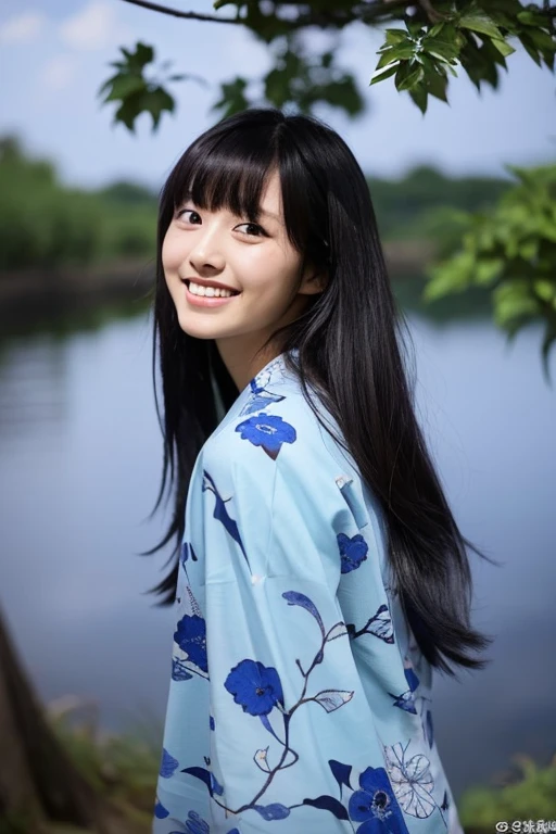 masterpiece、８ｋ、Highest quality、21 years old、smile、Beautiful Eyes、whole body、From the side、Riverbank、large tree、On the tree、night、Sky、(((Many Stars)))、Looking up at the sky、Looking into the distance、((Light blue Japanese yukata))、Blue flower pattern、Rural landscape、Long sleeves、Medium-long hair、Straight black hair、bangs