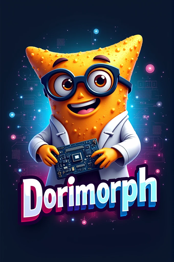 Create a logo of an animated Dorito who is a computer engineer and below it says 'Dorimorph' that looks eye-catching for selling chips.