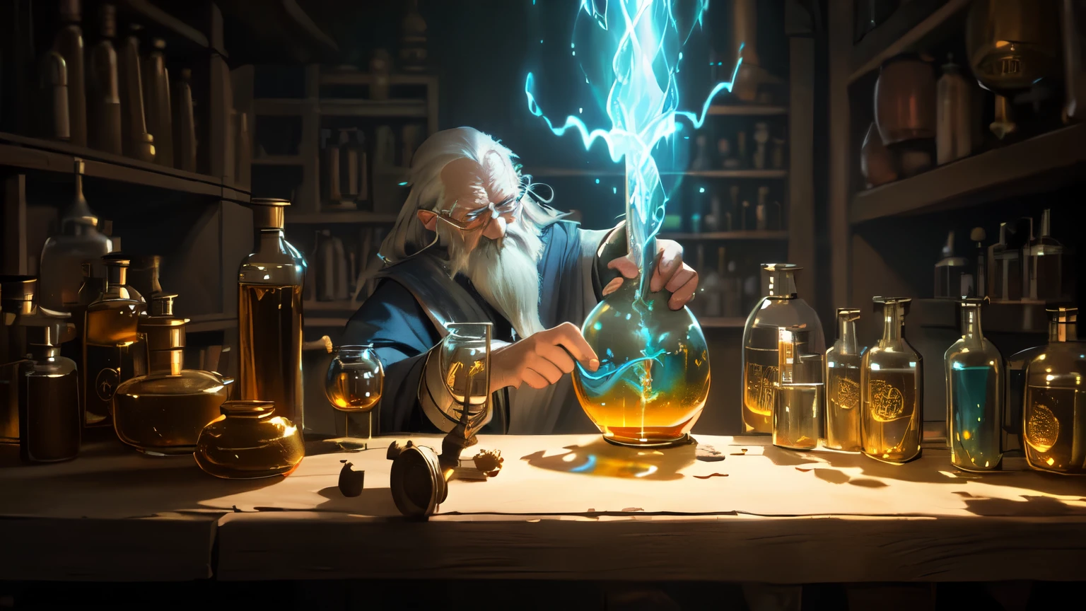 fantasy oil painting, masterpiece, best quality, old wise wizard mixing potions, moody lighting, glow, glowing, mysterious, mystical, magical, rim lighting (alchemist laboratory)