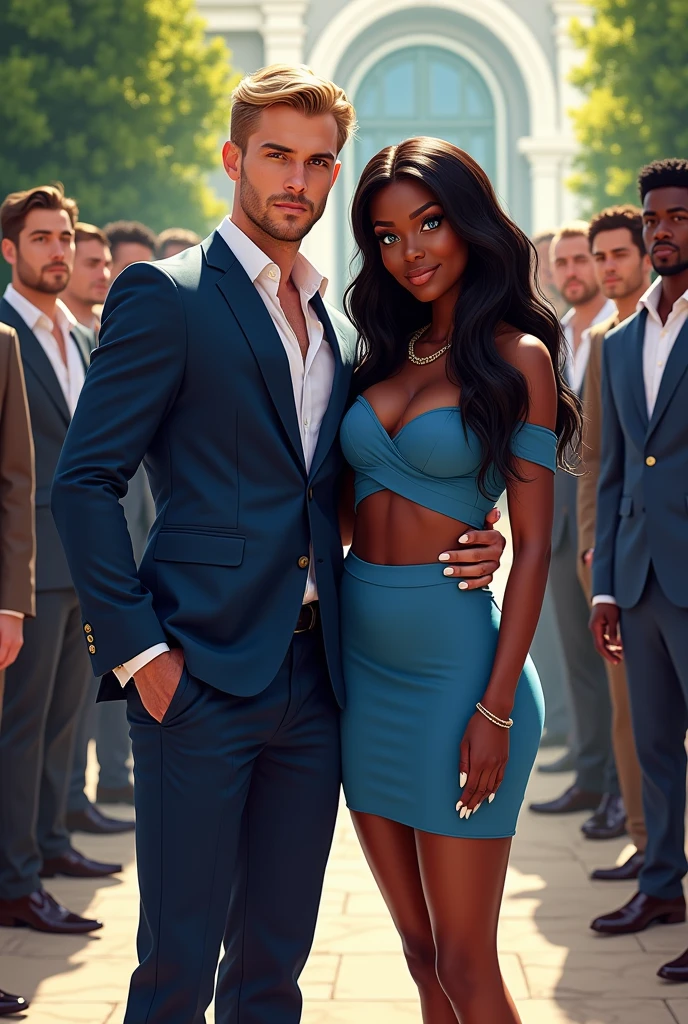 Femme au yeux bleus clair cheveux longs noir en plus noir teint clair en mini jupe bleu crop top bleu talons hauts bleu formes généreuses ongles longs beauté africaine avec son copain beaux avec des yeux verts et des abdominaux plus cheveux blonds teint blanc avec un costume coûteux la femme a une forte poitrine devant une belle maison tout les hommes la regardant de loin ils ont des vêtements très chers et un enfant très beaux métissé qui a les traits de son père