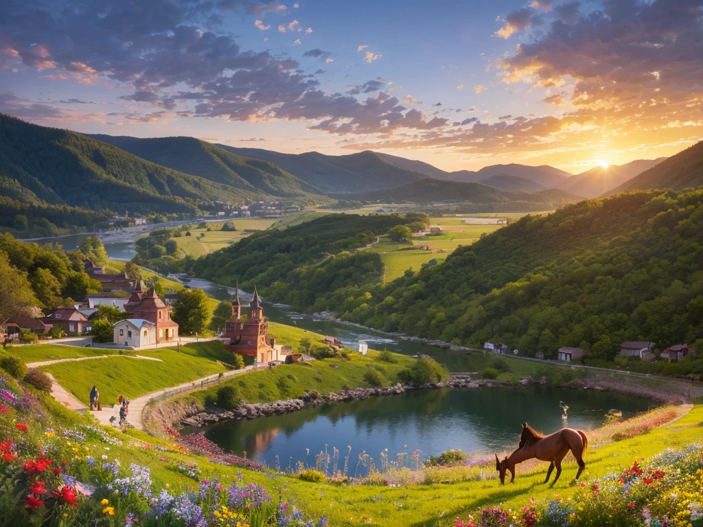 Photorealism, sunset, evening, warm summer, hyper-detailed, picturesque beautiful landscape, wildflowers, romantically depicted charming Russian village, traditional crafts, horse near the shore, river, golden haze