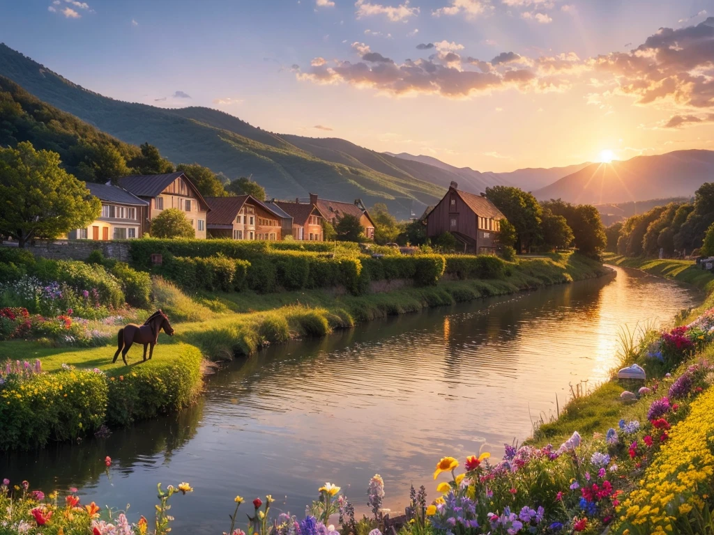 Photorealism, sunset, evening, warm summer, hyper-detailed, picturesque beautiful landscape, wildflowers, romantically depicted charming Russian village, traditional crafts, horse near the shore, river, golden haze
