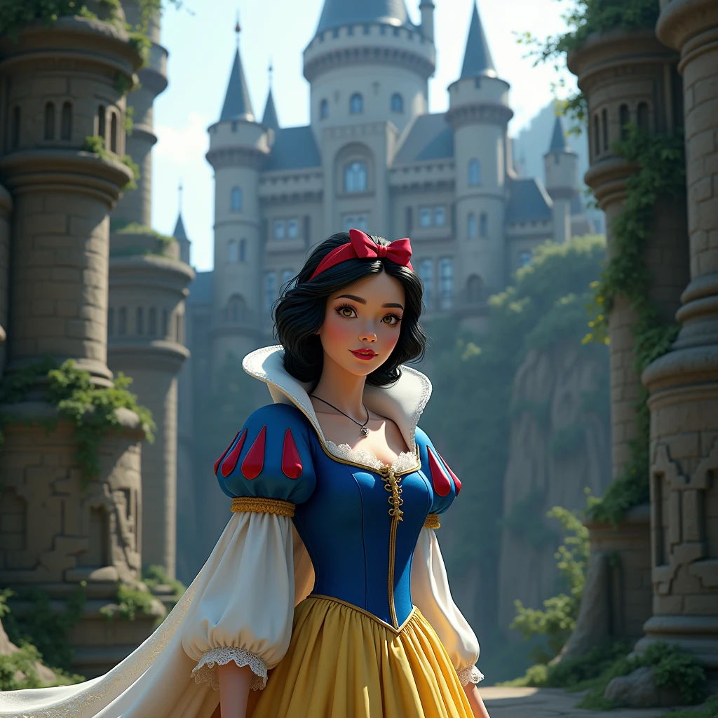 (photorealism:1.2), Snow white in front of an old magical castle 