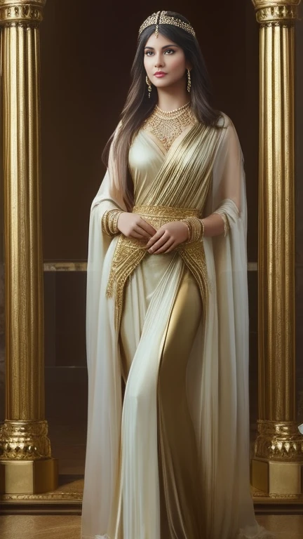 a majestic Greek goddess. Picture her draped in ethereal robes, adorned with intricate golden jewelry that symbolizes her divine status. Create an atmospheric scene inspired by ancient Greece, with soft lighting casting a celestial glow around her. Incorporate elements that evoke her unique allure and mysterious presence, fusing the ethereal beauty of woman with the timeless elegance of a Greek deity. The final image should capture the essence of her as a goddess, blending classical aesthetics with her distinct charisma."