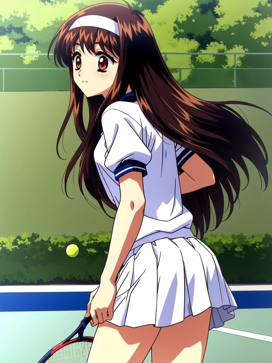 Yuuki Mizuho, Long Hair, hair band, White tennis uniform, White polo shirt, Raglan sleeves, Pleated skirt, White Skirt, The wind blows up my skirt, No underwear, Embarrassing, From the back, The buttocks are in full view, Stick your ass out,Red eyes, Brown Hair, One person, difficult, Cowboy Shot, Tennis court, masterpiece, expensive quality, very_expensive_solve, big_file size, Full Color,