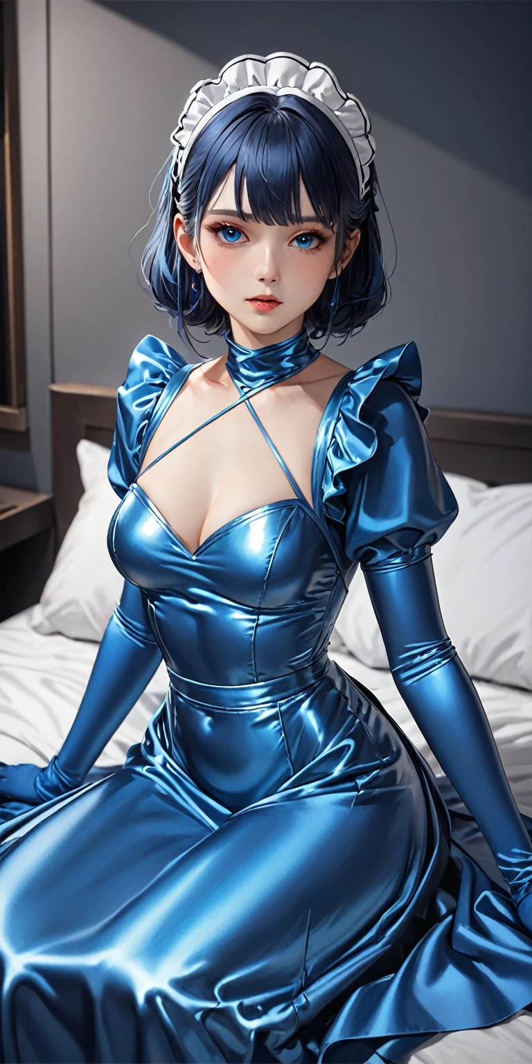 Portraiture、(masterpiece,Highest quality,Ultra-high resolution),Japanese women, (((A very beautiful 25 year old))),(Metallic Blue Latex Maid Dress)、(Metallic Blue Latex Long Skirt)、(A long-sleeved metallic blue latex shirt that covers the upper body)、Metallic Blue Latex Long Gloves、Metallic Blue Latex Socks、Metallic Blue Latex Bodysuit、The clothes fit snugly to the body、Latex is very shiny、Dark Room、Sitting on the bed