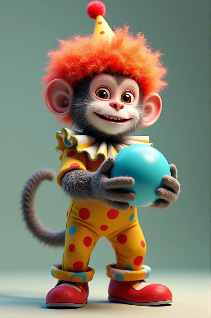 A monkey dressed as a clown holding a blue ball 