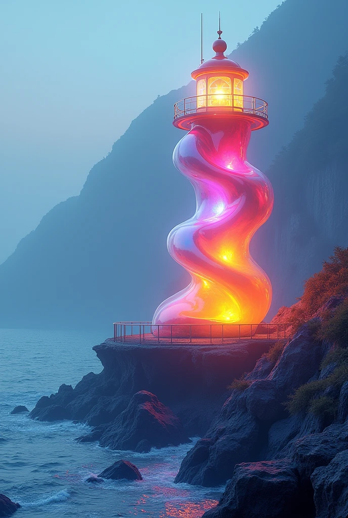 Tongxin Lighthouse is on the other side of the mountain and the sea. There is a colorful tower.，Ambilight，Like a colorful dream，The entire tower is translucent。The shapes are all curves.,Full of poetry