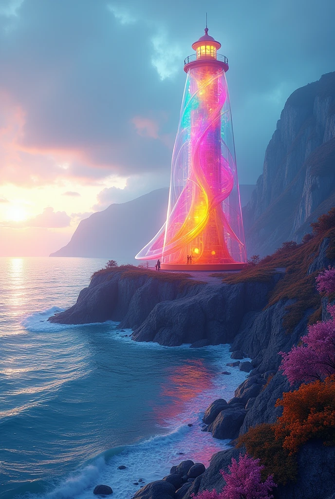 Tongxin Lighthouse is on the other side of the mountain and the sea. There is a colorful tower.，Ambilight，Like a colorful dream，The entire tower is translucent。The shapes are all curves.,Full of poetry