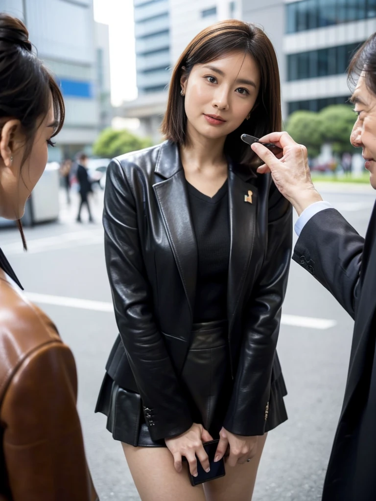 Full-length of a beautiful Japanese female journalist broadcasting outside、Full-length photo of a female journalist、((The female reporter wore a black business suit jacket.、Wearing an extremely short leather miniskirt))、((Wearing an extremely short leather miniskirt)), Short black hair、pumps、Serious expression、Press coverage in front of the modern city hall building、Midwinter、Highly detailed face、masterpiece、((A female journalist is standing and talking to an elderly Japanese man wearing a suit.、The elderly Japanese man is the mayor.、A woman is interviewing with a black smartphone、(The female reporter tilts her head and stares at the mayor.)))、smile、news photographer