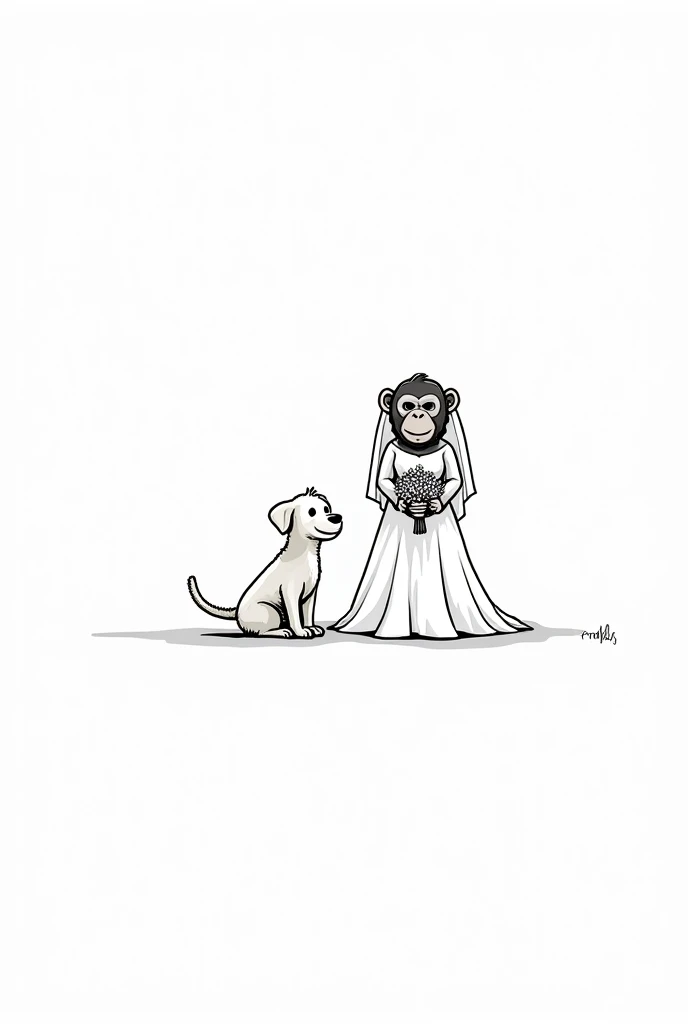 Dog with bride chimpanzee line drawing
