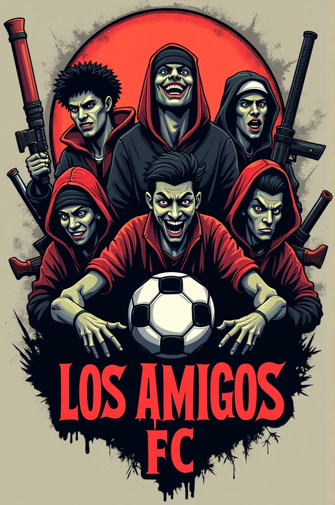 I need you to create a soccer badge whose name is Los Amigos FC, let it be creative youth a little bit of terror, of evil, gun and laugh inside the badge image I want it to be mainly scary and funny with guns and insanity