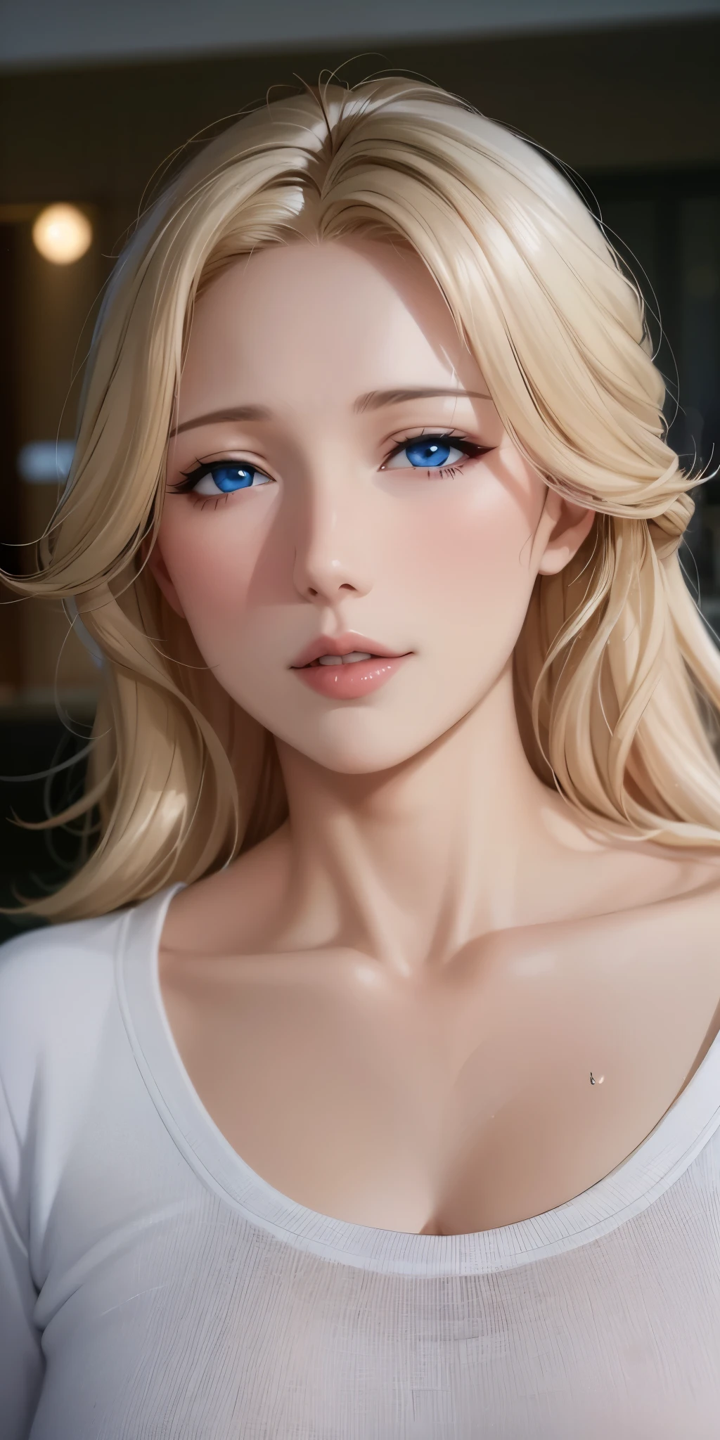 Elegant mature female, milf, blue eyes, blonde hair, soft light, high detailed, 4k resolution, high quality, beautiful cg, 