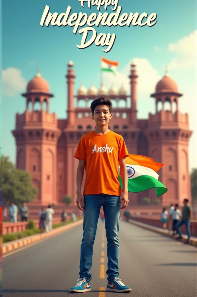 A real 20 years old boy, Wearing Orange T shirt blue jeans sneakers and the name “anshu” is written on his t-shirt and the boy is standing on the road with holding a national flag of India, and behind him is the Red Fort Delhi. And written on sky “Independence Day” Create Realistic image high quality