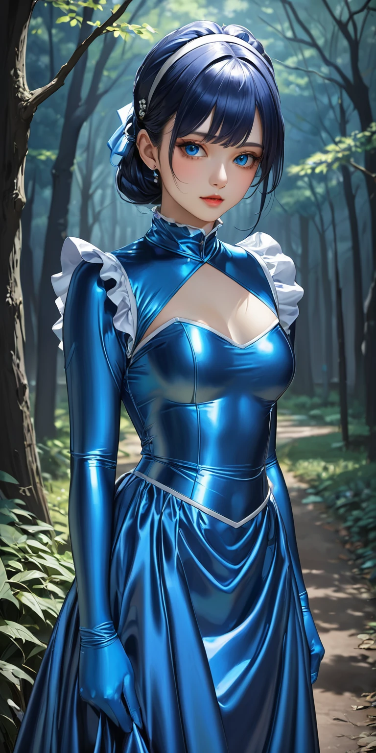 Portraiture、(masterpiece,Highest quality,Ultra-high resolution),Japanese women,Maid Headband、 (((A very beautiful 25 year old)))、(She is wearing a long-sleeved maid outfit made of shiny metallic blue satin..)、The dress has a simple design without any patterns.....、(((Long skirt made of metallic blue satin.)))、Metallic blue satin gloves、((Metallic blue satin bodysuit))、I'm walking through a dark park.